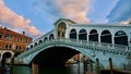 Stunning image displays the iconic Rialto Bridge that spans the Grand Canal in Venice, Italy Royalty Free Stock Photo