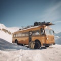 Converted School Bus Parked on a Remote Mountain Pass with Alpine Landscape