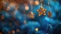 Golden Christmas Star Lights Hanging on Blue Background with Abstract Bokeh Royalty Free Stock Photo