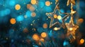 Golden Christmas Star Lights Hanging on Blue Background with Abstract Bokeh Royalty Free Stock Photo