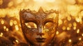 Golden Venetian Mask on Shimmering Blurred Background