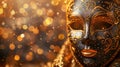 Golden Venetian Mask on Shimmering Blurred Background