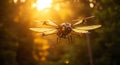 Mechanical dragonfly drone against warm sunset light Royalty Free Stock Photo
