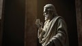 Detailed marble statue of a classical figure with robe and beard in a dark setting symbolizing ancient wisdom and artistry Royalty Free Stock Photo