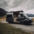 Sleek and Modern Camper Van Parked on a Quiet Country Road with Mountain View