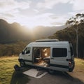 Sleek and Modern Camper Van Parked on a Quiet Country Road with Mountain View