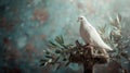 Symbolic White Dove with Olive Branch and Christian Cross Background