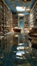 A stunning image of Flooded Library with Floating Books Disaster Aftermath and Ruined Education. Royalty Free Stock Photo