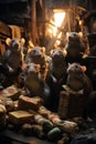 A stunning image of a group of rats exploring an abandoned warehouse, capturing their curiosity a