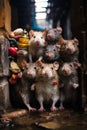 A stunning image of a group of rats exploring an abandoned warehouse, capturing their curiosity a