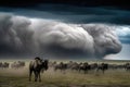 Stunning image of a Herd of wildebeest in a green field as a big storm approaches. Amazing African wildlife