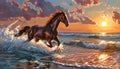 Majestic horse galloping on the beach at sunset. Beautiful natural landscape with wildlife. Perfect for posters and Royalty Free Stock Photo