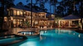 Stunning image of a luxurious backyard haven with glistening pool and elegant patio furnishings Royalty Free Stock Photo