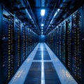 Modern Data Center Server Room Technology Powerful Network Infrastructure Blue Illuminated Servers web rack