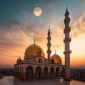 Golden Sunrise over Mosque with Crescent Moon