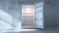 A stunning image of open empty fridge in a kitchen. Hungry and food price concept. Royalty Free Stock Photo
