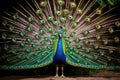 A stunning image of a peacock proudly displaying its vibrant fan of feathers, A peacock showing its beautiful plumage in a Royalty Free Stock Photo