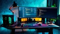 Neon-Lit Coder\'s Haven: Dual Monitor Setup with RGB Keyboard and PC Royalty Free Stock Photo