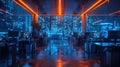 Digital Future: Blurred Neon Cyberpunk Office with IT Overlay, Corporate Strategy for Finance, Operations & Marketing Royalty Free Stock Photo
