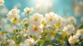 Sunlit White Bush Roses Against Blue Sky: Beautiful Floral Background for Spring or Summer Royalty Free Stock Photo