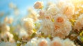 Sunlit White Bush Roses Against Blue Sky: Beautiful Floral Background for Spring or Summer Royalty Free Stock Photo