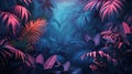 Neon-lit Tropical Jungle with Retro Palms & Plants in Dark Trend Exotica