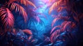 Neon-lit Tropical Jungle with Retro Palms & Plants in Dark Trend Exotica