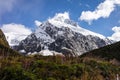 Stunning image of a snowy mountain on the SH94 road to Milford Sound taken on a sunny winter day, New Zealand Royalty Free Stock Photo