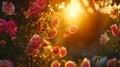 Golden hour sunshine peeking through vibrant rose bush. captivating floral backdrop for design projects. peaceful and Royalty Free Stock Photo