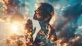 Divine Connection: Man Praying in Double Exposure with Clouds and Light Royalty Free Stock Photo