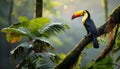 Toucan Perched on an Amazon Rainforest Tree in a Lush Green Canopy at Dusk, Capturing the Mystique and Majesty of the Wild in Royalty Free Stock Photo