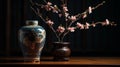 Traditional Chinese Vase with Peach Blossoms on Wooden Table