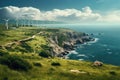 A stunning image of a wind farm perched on a cliff, providing clean energy and offering panoramic ocean views, View from Cape