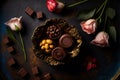 Stunning Image of a Wooden Table Set with Chocolates and Flowers for a Valentines Day Celebration. Ai generated art Royalty Free Stock Photo