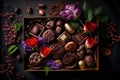 Stunning Image of a Wooden Table Set with Chocolates and Flowers for a Valentines Day Celebration. Ai generated art Royalty Free Stock Photo