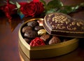 Stunning Image of a Wooden Table Set with Chocolates and Flowers for a Valentines Day Celebration. Ai generated art