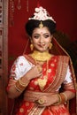 Stunning Indian bride dressed in Hindu red traditional wedding clothes sari embroidered with gold jewellery and a veil smiles