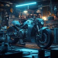 Industrial Workshop with Custom Motorcycle and Neon Lighting Effects Royalty Free Stock Photo