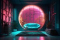 Stunning Interior Design: Blush Pink and Turquoise Blue with Neon Lights & Digital Art on Shiny Walls Royalty Free Stock Photo