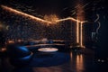 Stunning Interior Design: Champagne Gold & Navy with Neon Lights & Digital Art