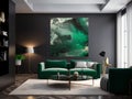 Wall art, Emerald Green & Grey Modernist Living Room Interior Design.