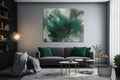 Wall art, Emerald Green & Grey Modernist Living Room Interior Design.