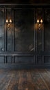 Stunning interior design showcasing ornate dark wooden wall panels with intricate moldings and brass accent lighting Royalty Free Stock Photo