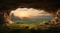 Dreamy Cave With Grass, Trees, And Sunset View