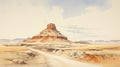 Desert Rock Formation: Muted Watercolor Painting Of Rural America