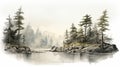 Misty Watercolor Drawing: Pine Trees Along The River