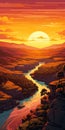 Cartoonish Sunset Scene With River And Mountains In Tuscany