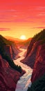 Cartoonish Sunset Scene Of Meandering River Cliff In Tuscany