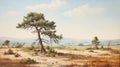 Vintage Oil Painting Of A Pine Tree In A Barren Landscape