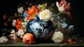 Dark Azure And Orange Vase With Flowers And Egg